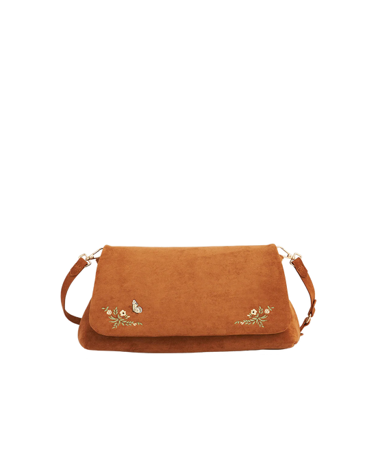 Fable Floral Embroidered Faux Suede Saddle Bag Tan