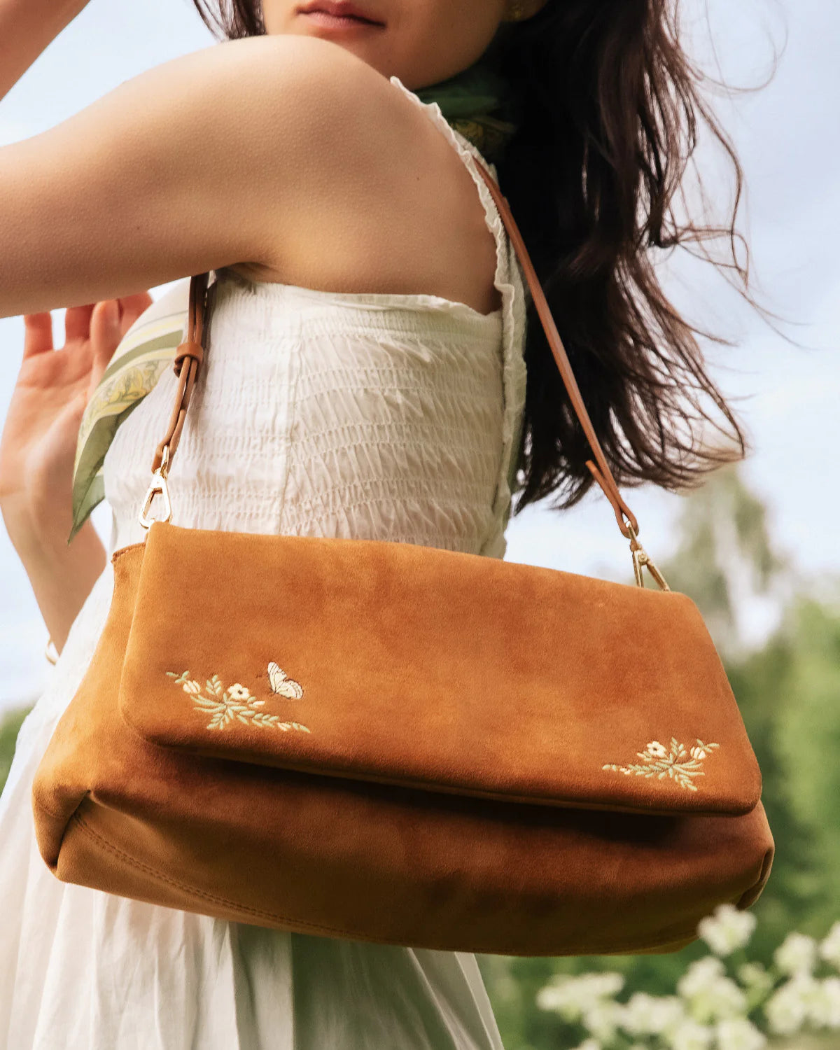 Fable Floral Embroidered Faux Suede Saddle Bag Tan