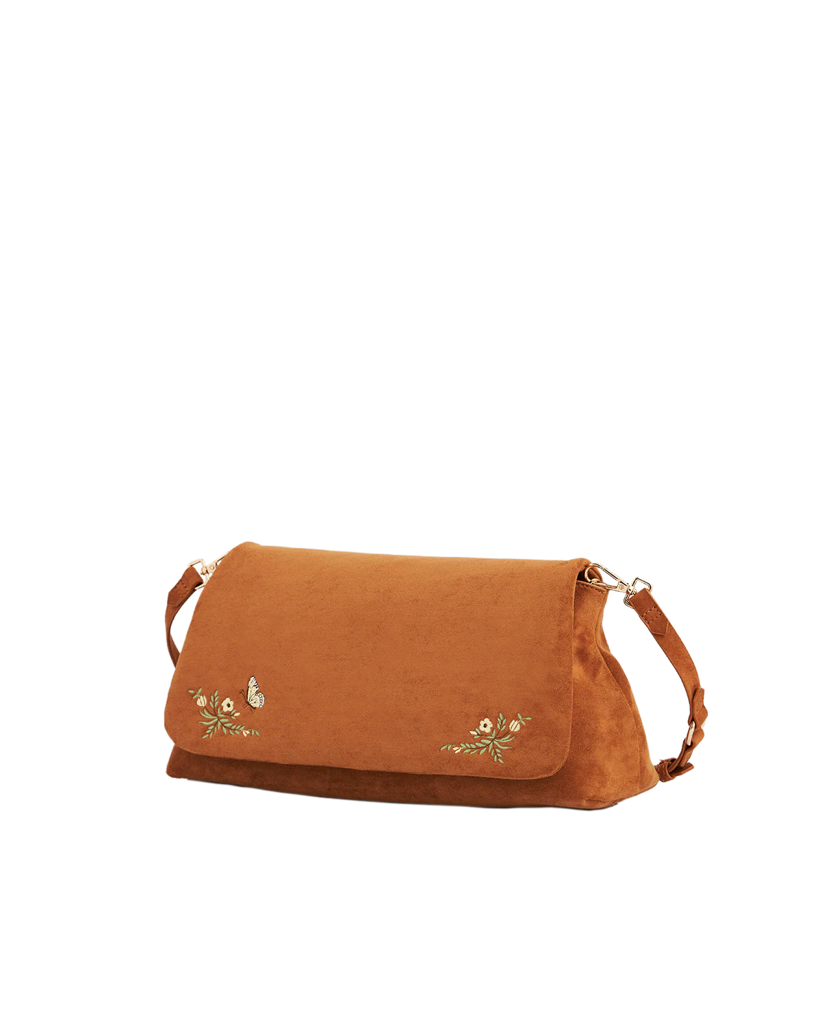 Fable Floral Embroidered Faux Suede Saddle Bag Tan