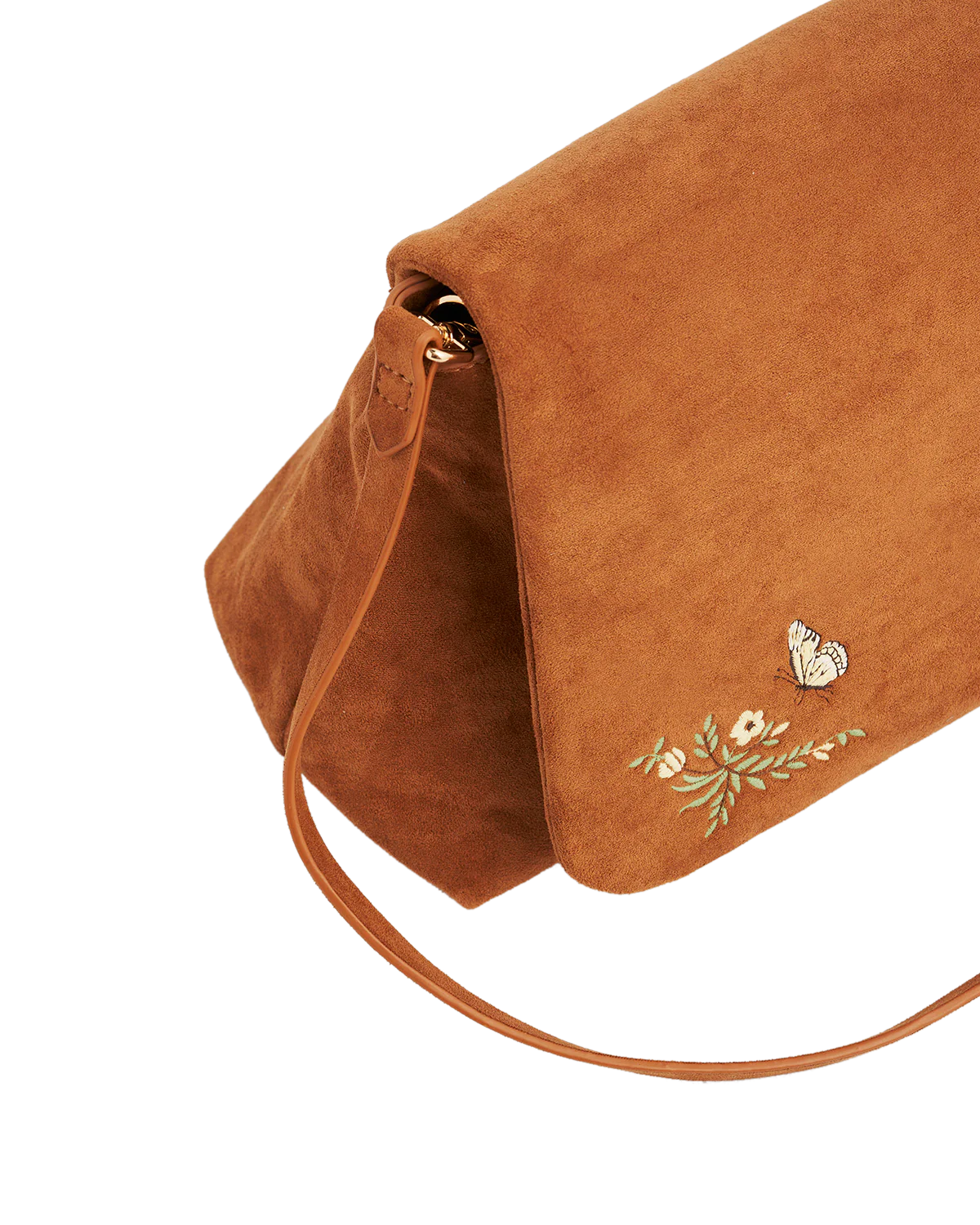 Fable Floral Embroidered Faux Suede Saddle Bag Tan