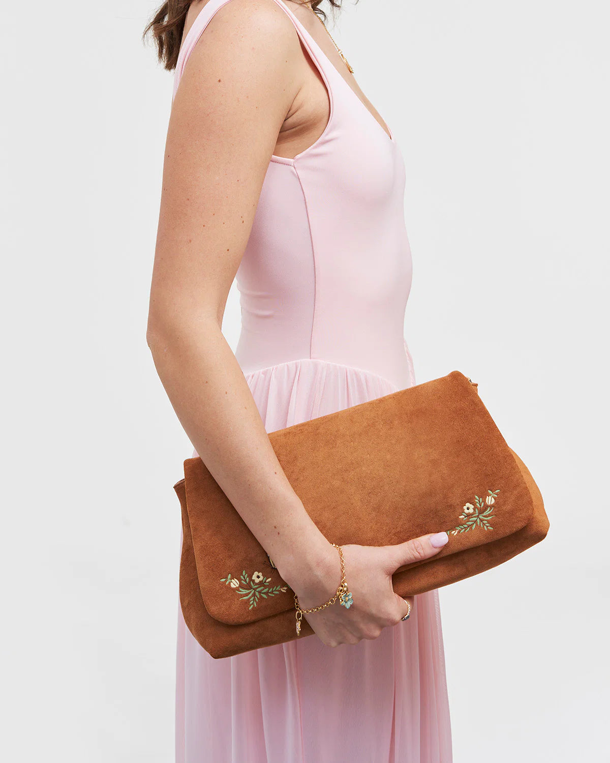 Fable Floral Embroidered Faux Suede Saddle Bag Tan