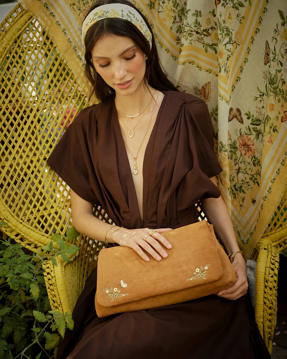 Fable Floral Embroidered Faux Suede Saddle Bag Tan