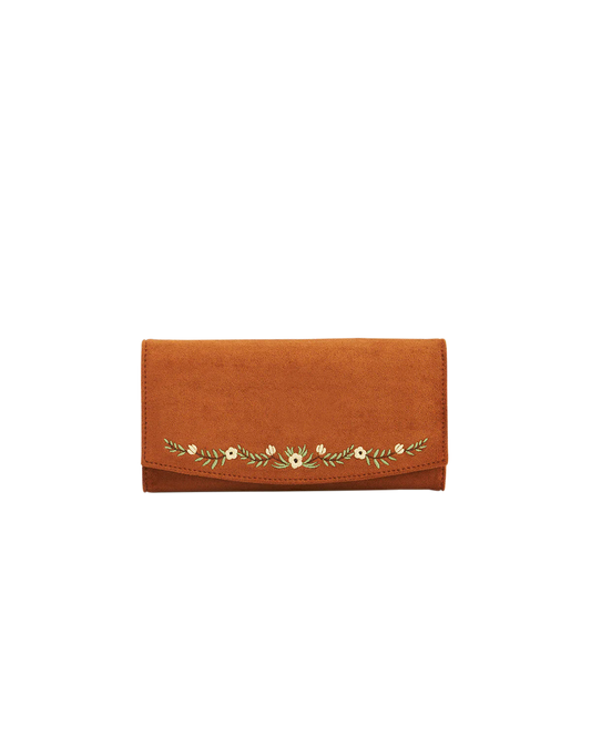 Fable Floral Embroidered Faux Suede Purse Tan