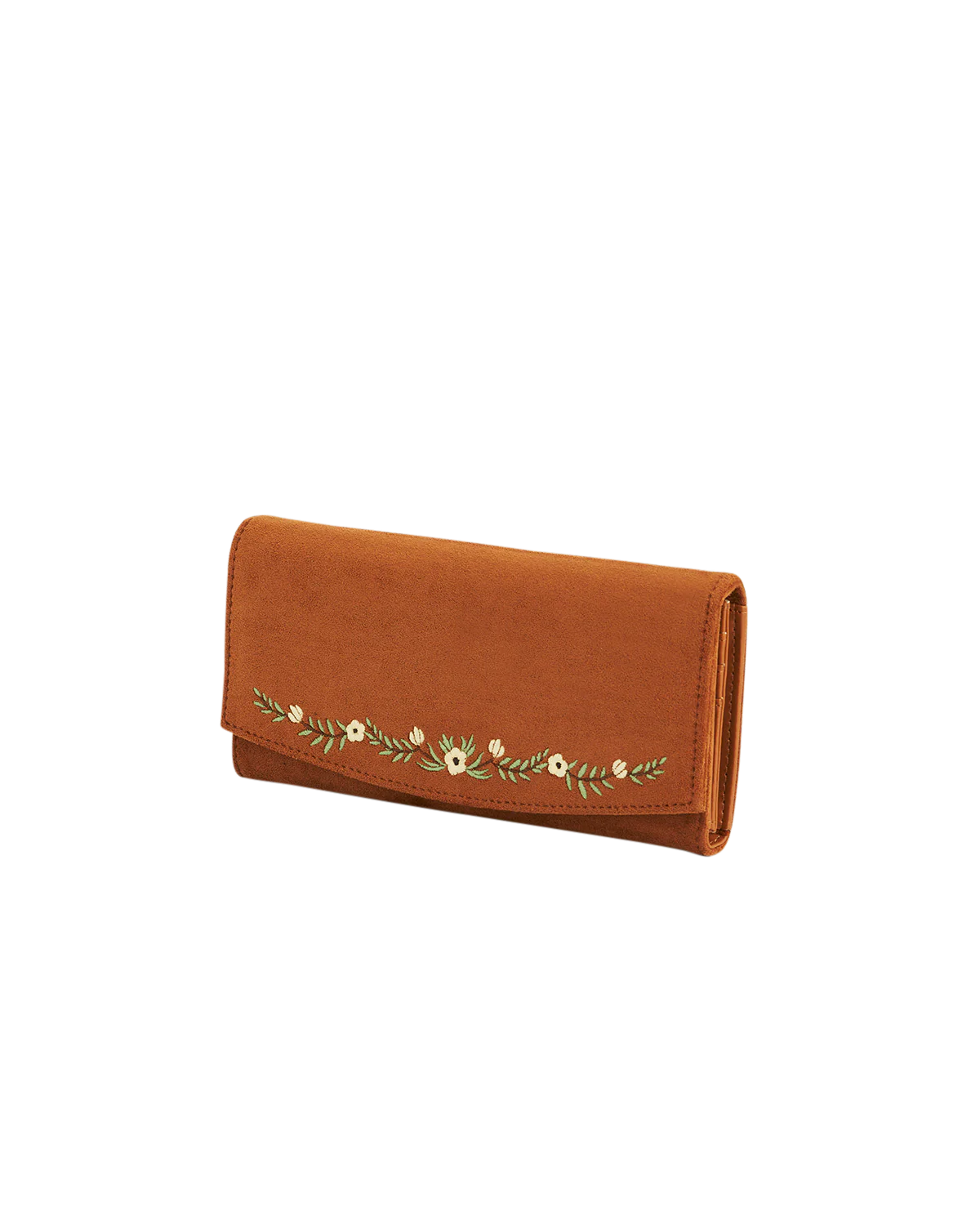 Fable Floral Embroidered Faux Suede Purse Tan