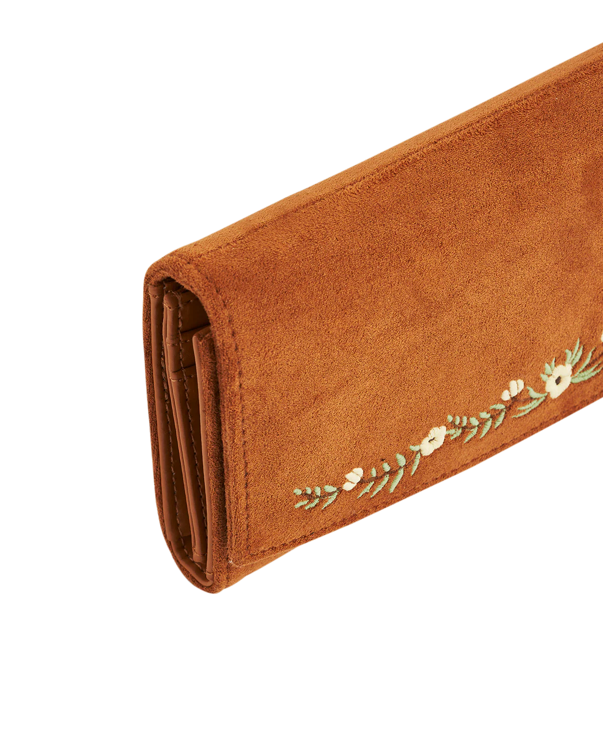 Fable Floral Embroidered Faux Suede Purse Tan