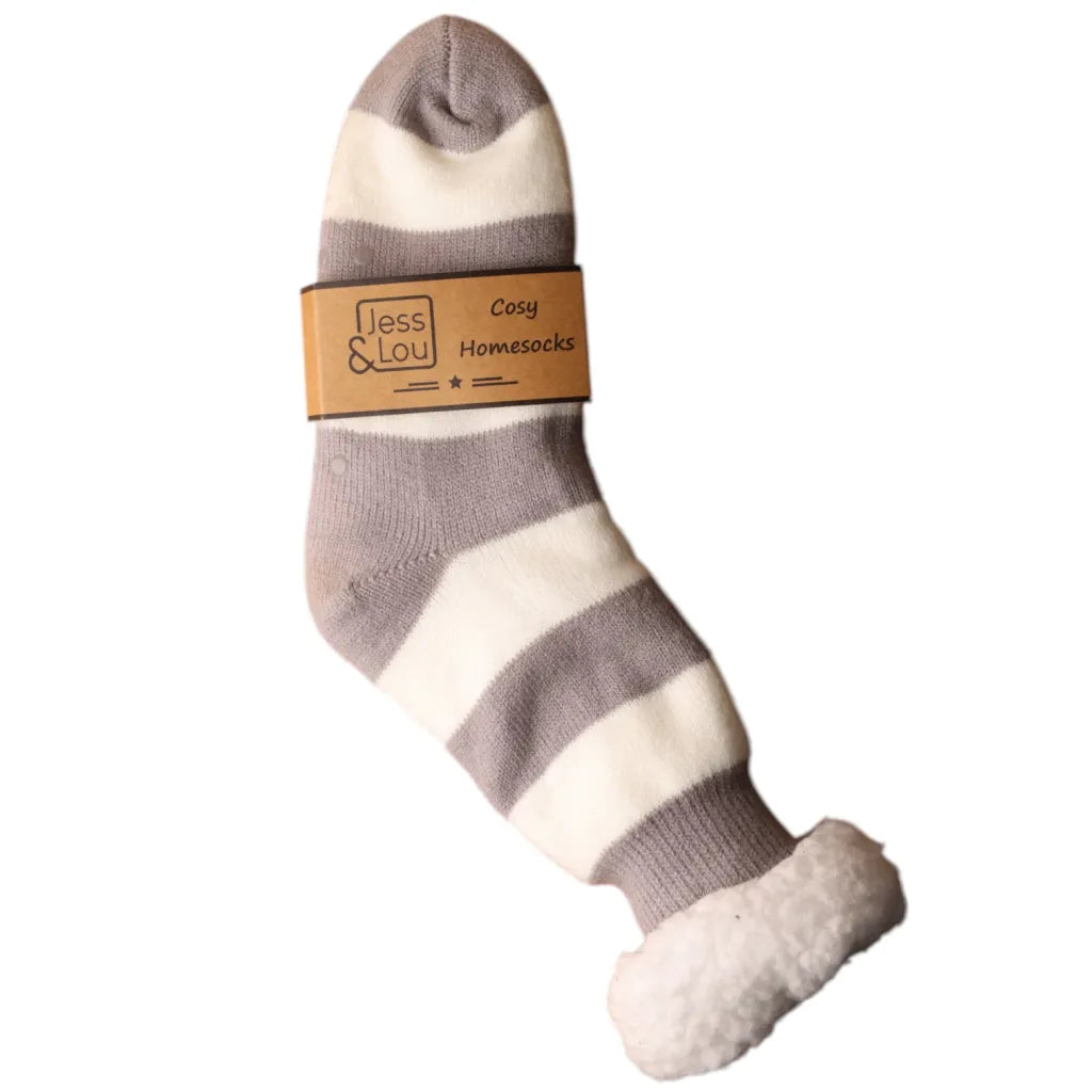 Grey & White Stripe Cosy Slipper Socks