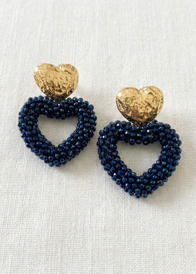Envy Beaded Heart Drop Earrings Gold & Navy