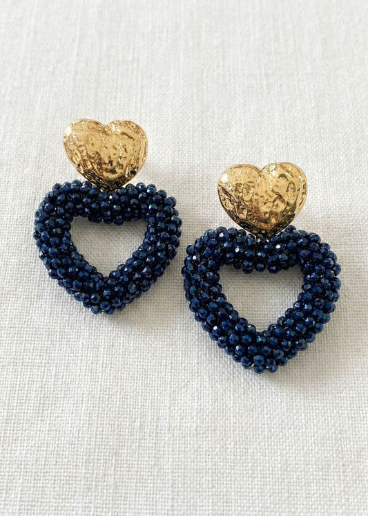 Envy Beaded Heart Drop Earrings Gold & Navy