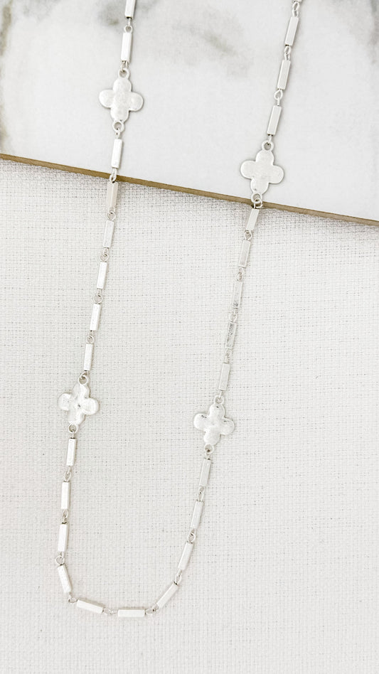 Silver Bar & Clover Long Chain Necklace
