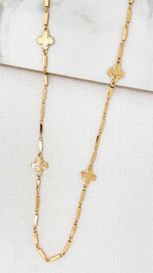 Gold Bar & Clover Long Chain Necklace