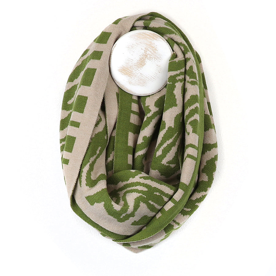 Fine Knit Animal Stripe Snood Scarf Oatmeal & Green