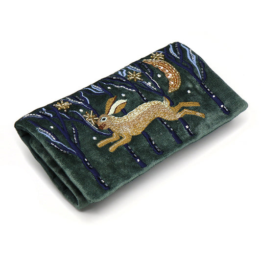 Leaping Hare Embroidered Velvet Jewellery Roll Green