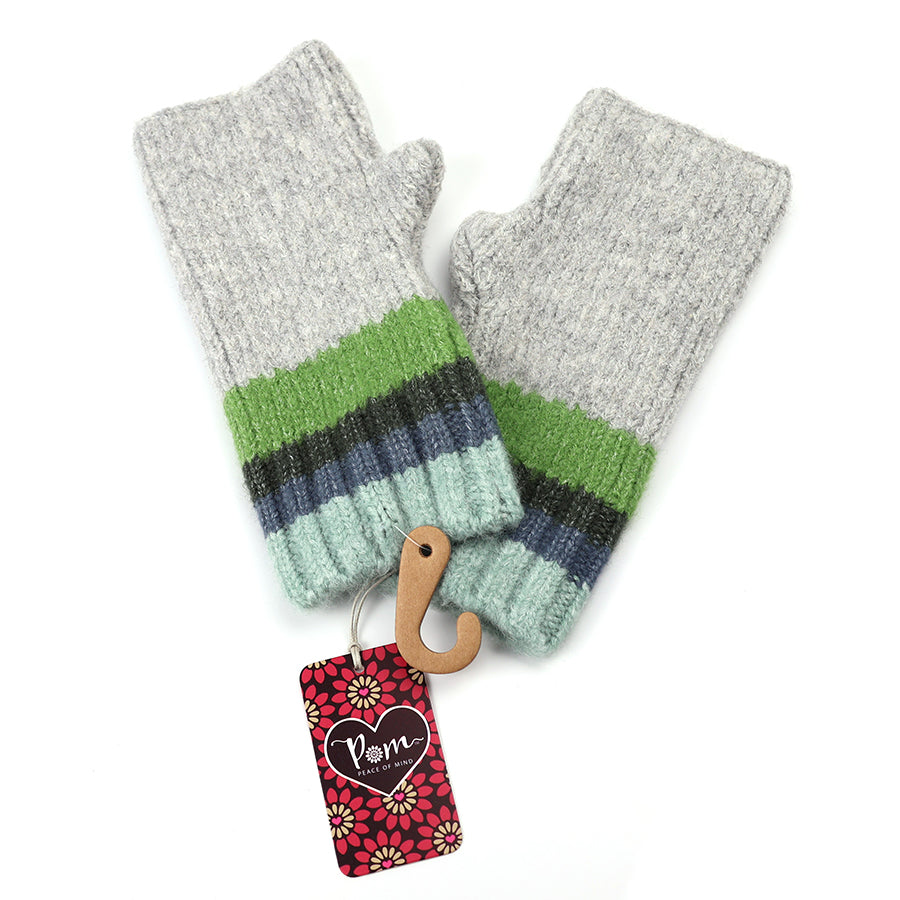 Striped Wrist Warmers in Denim, Grey & Green