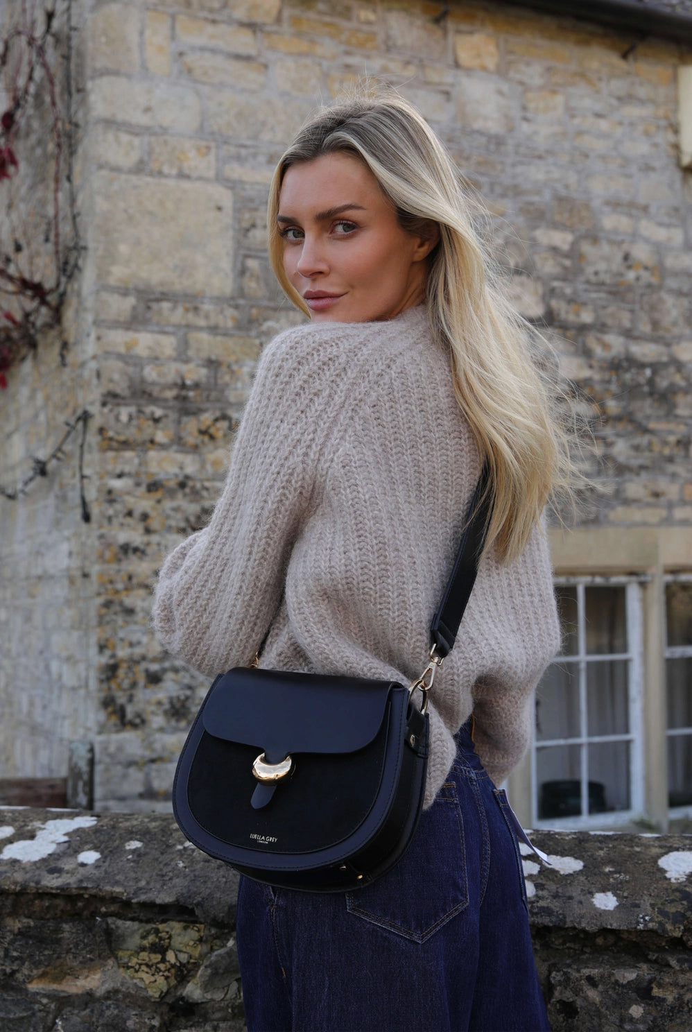 Luella Grey Venetia Black Saddle Crossbody Bag