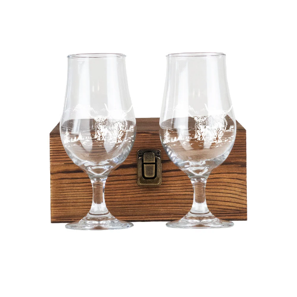 2 Craft Beer Glasses in Wooden Gift Box - Highland Cow