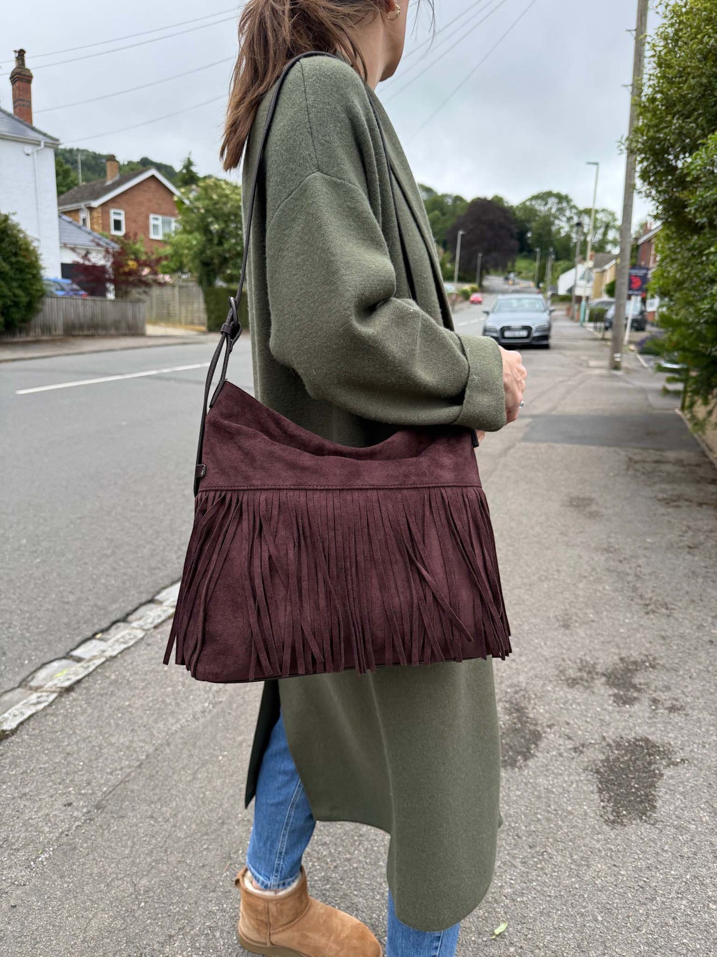 David Jones Fringe Slouchy Shoulder Bag Burgundy