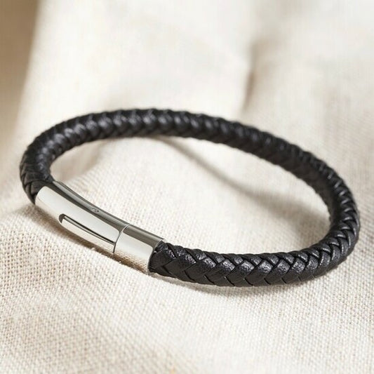 Men’s Polished Leather Bracelet in Black