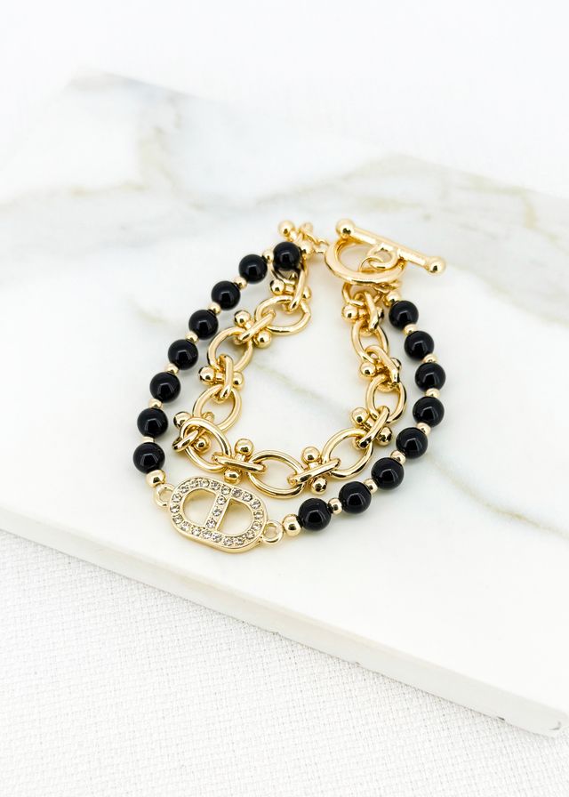 Envy T Bar Clasp Gold & Black Beaded Layer Bracelet
