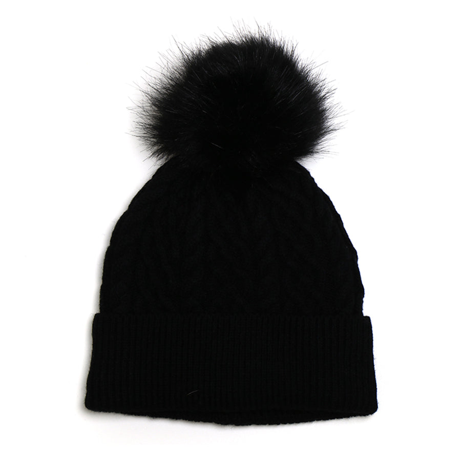 Wool Mix Lined Bobble Hat Black