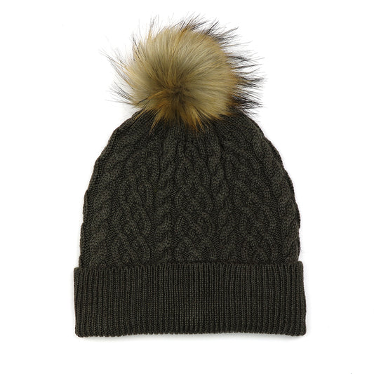 Wool Mix Lined Bobble Hat Olive Green