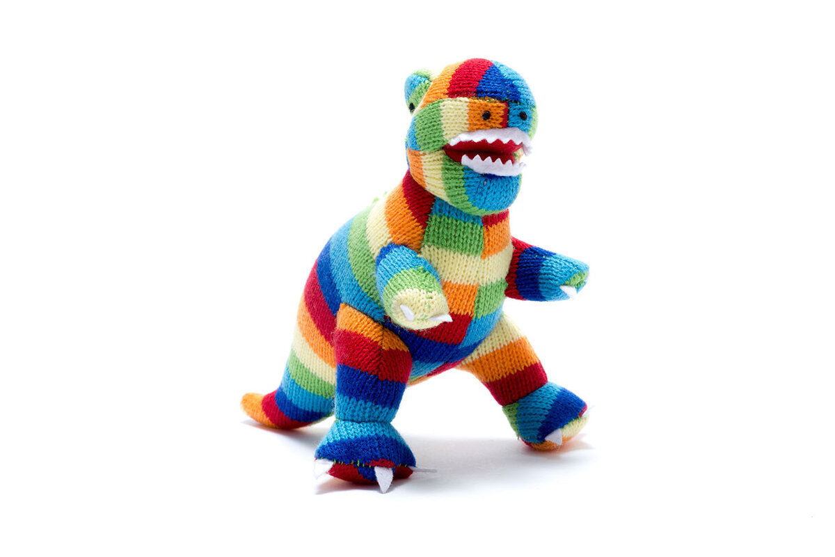 Knitted Bold Stripe Rainbow T Rex Dinosaur Rattle