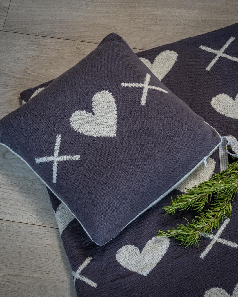 Knitted Square Hearts & Kisses Square Cushion with Grey