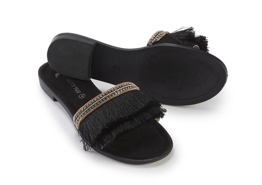 Pretty You London Black Fringe Slider Sandal (Several Sizes)