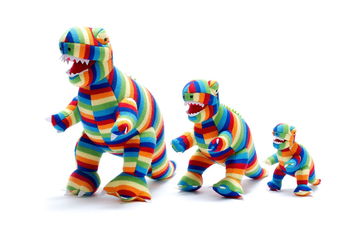 Knitted Bold Stripe Rainbow T Rex Dinosaur