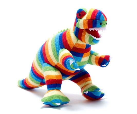 Knitted Bold Stripe Rainbow T Rex Dinosaur