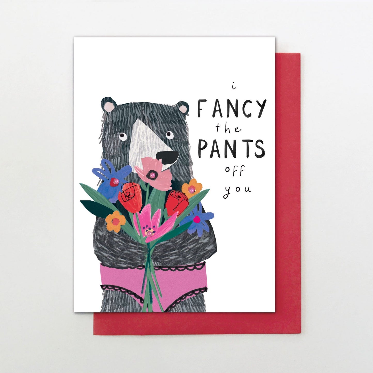 Valentine’s Day Bear With Bunch of Flowers Greeting Card
