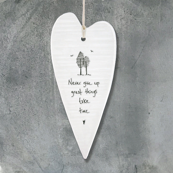 Wobbly Long Hanging Porcelain Heart Never Give Up