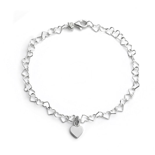 Small Linked Hearts & Heart Charm Silver Bracelet